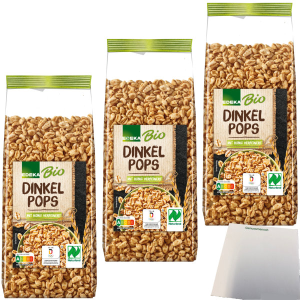 Edeka Dinkel Pops gepuffte Dinkelkörner mit Honig verfeinert 3er Pack (3x200g Packung) + usy Block