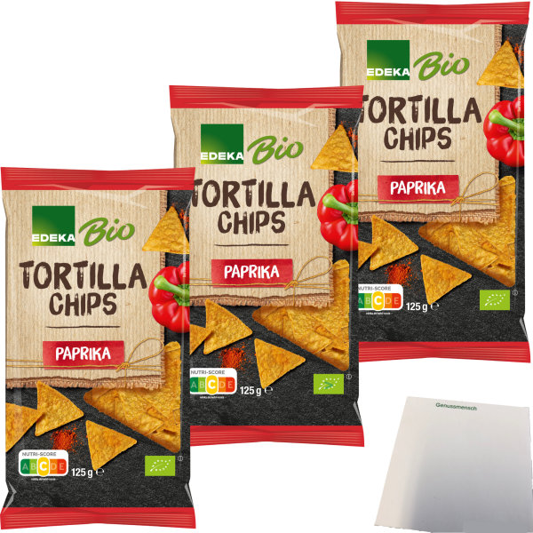 Edeka Bio Tortillachips Paprika Mais-Chips mit Paprikageschmack 3er Pack (3x125g Packung) + usy Block