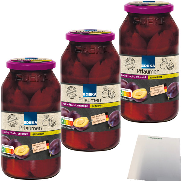 Edeka Pflaumen halbe Frucht gezuckert 3er Pack (3x680g Glas) + usy Block