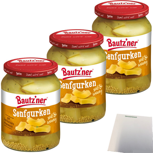 Bautzner Senfgurken süß-würzig 3er Pack (3x420g ATG) + usy Block