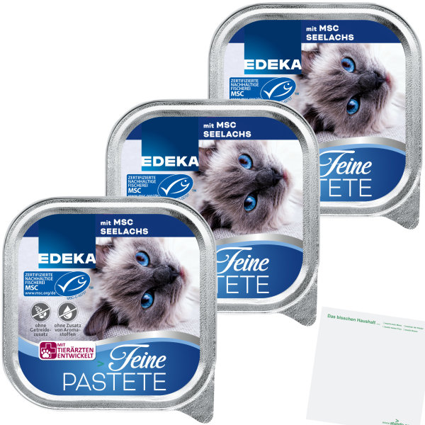 Edeka Cat Feine Pastete mit MSC Seelachs Katzenfutter 3er Pack (3x100g Dose) + usy Block