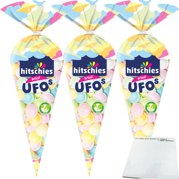 hitschies brizzl Ufos Frucht Oblaten-Kapseln mit saurer Brausepulver-Füllung 3er Pack (3x75g Packung) + usy Block