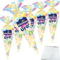 hitschies brizzl Ufos Frucht Oblaten-Kapseln mit saurer Brausepulver-Füllung 6er Pack (6x75g Packung) + usy Block