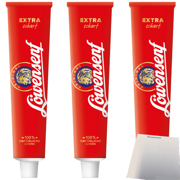 Löwensenf Extra Senf extra scharf 3er Pack (3x200ml Tube) + usy Block