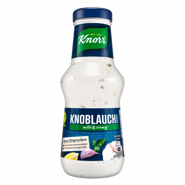 Knorr Knoblauchsauce mit Zwiebelstückchen und Joghurt mild und cremig (250ml Flasche)